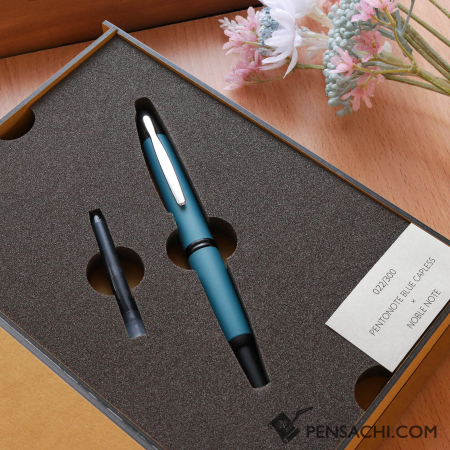 Buy PILOT Limited Edition Vanishing Point Capless- Pentonote Blue x Noble Note 18k Gold nib rhodium plated fountain pen directly from Japan. Best price fountain pen. Origin Japan